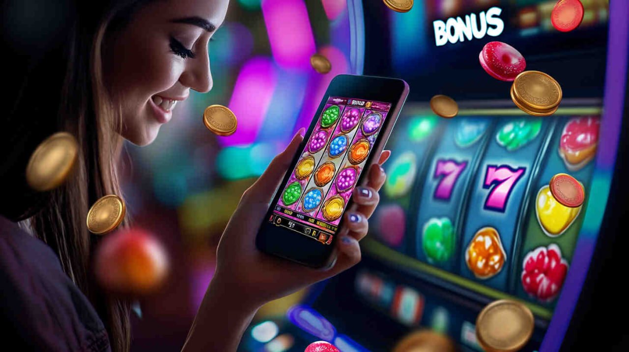 Antarmuka slot modern di penidabet Tampilan permainan slot penidabet dengan gulungan dan simbol berwarna-warni